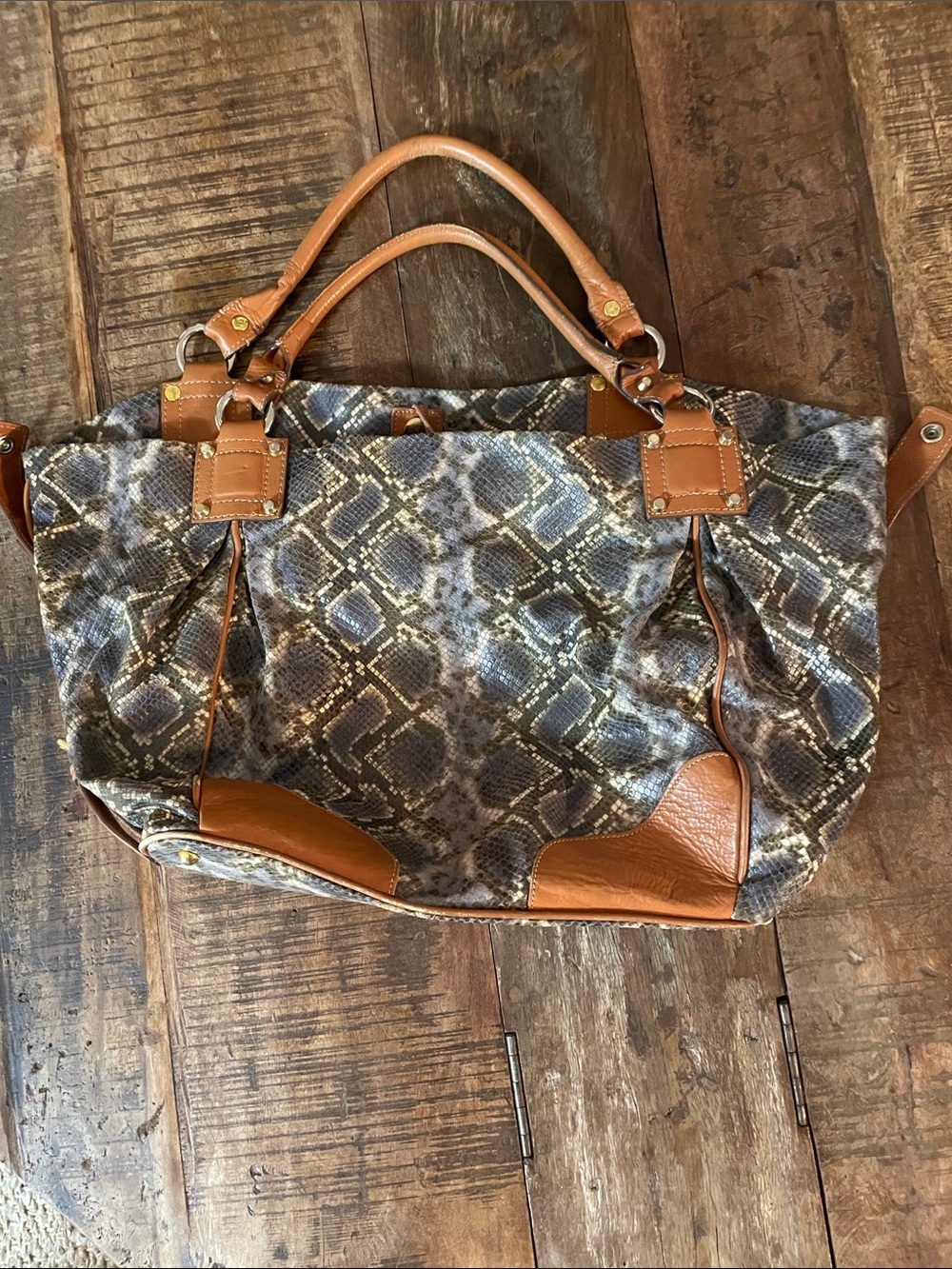Snake-Print Tote with Tan Leather Handles